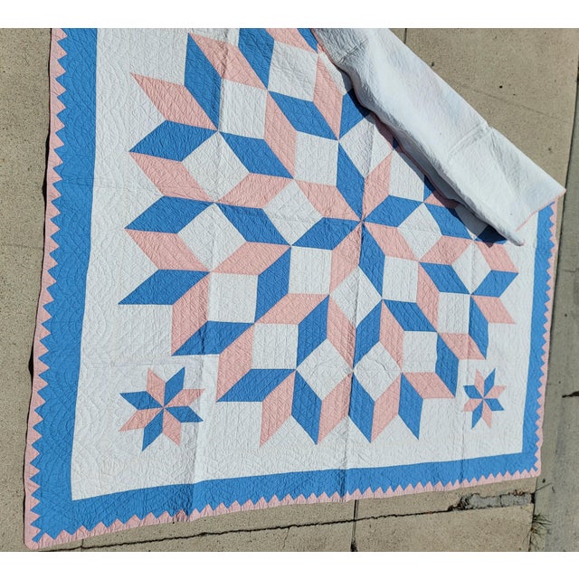 Wonderful pastel color Snow Flake with Eight point Stars Quilt. Beautiful blue and pink pattern. the star has a tumbling...
