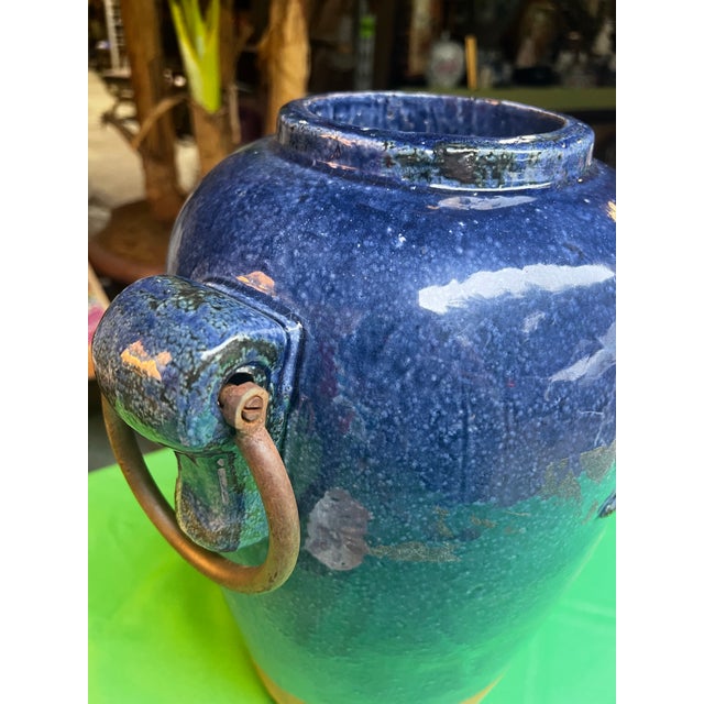 Metal 1970s Oversized Blue Ceramic Vase With Metal Ears For Sale - Image 7 of 11