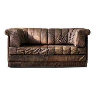 Vintage Mid-Century Modern Brutalist German Brown Leather 2-Seater Sofa, 1970s For Sale