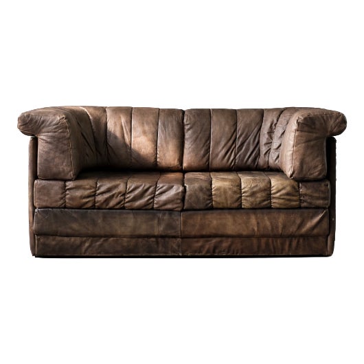 Vintage Mid-Century Modern Brutalist German Brown Leather 2-Seater Sofa, 1970s For Sale