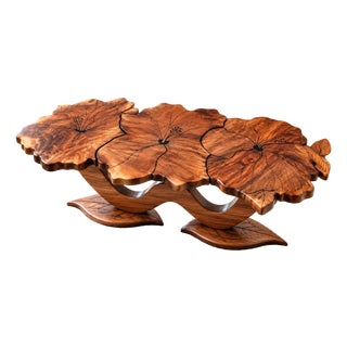 Lumen and Log Hand-Carved Black Walnut "Hibiscus & Hummingbird" Sculptural Coffee Table For Sale