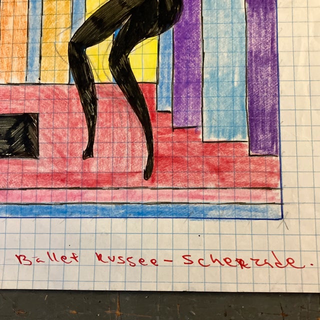 Abstract 1960’s Vintage Original Colored Pencil Abstract Female Nude Drawing “Ballet Russee” For Sale - Image 3 of 5