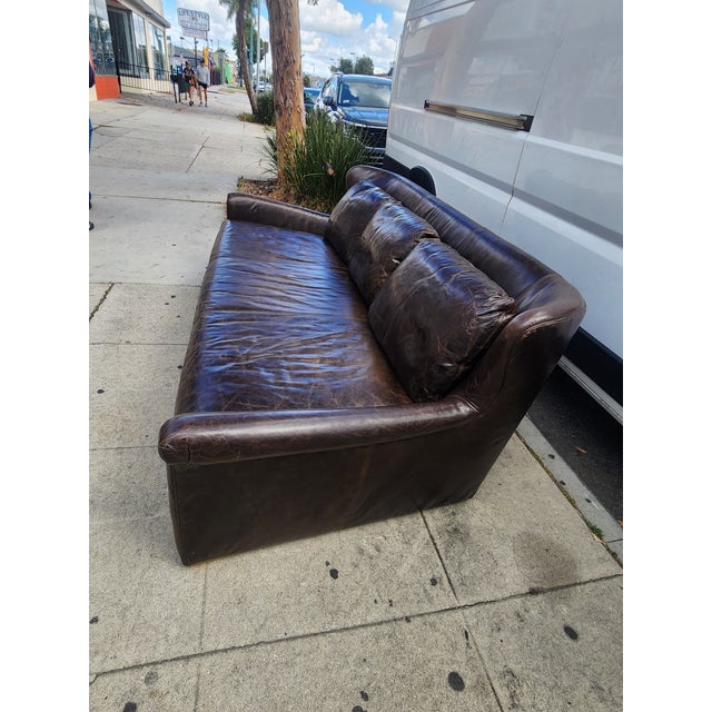Animal Skin Vintage Restoration Hardware Leather Sofa For Sale - Image 7 of 12