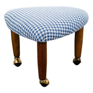 Mid Century Danish Modern Tripod Ottoman 3 Legs Wood Rolling Blue White Triangle For Sale