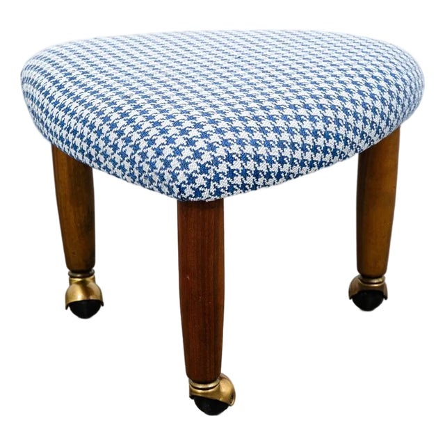 Mid Century Danish Modern Tripod Ottoman 3 Legs Wood Rolling Blue White Triangle For Sale