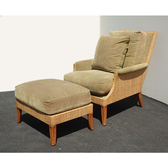 Vintage Mid Century Modern McGuire Sage Green Sofa and Chair & Ottoman