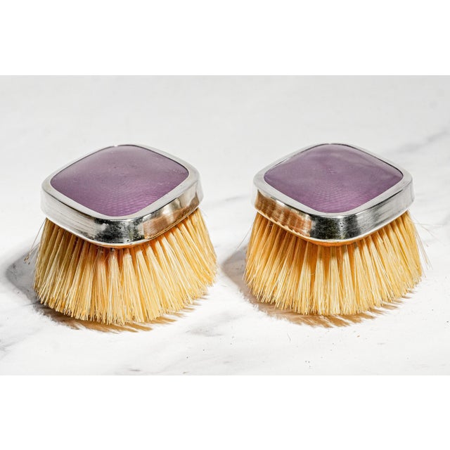 Purple Wonderful Antique English Hallmarked Sterling Silver Vanity Brush Set Presentation Box Purple Celluloid Guilloché Style Edwardian Home Decor For Sale - Image 8 of 18