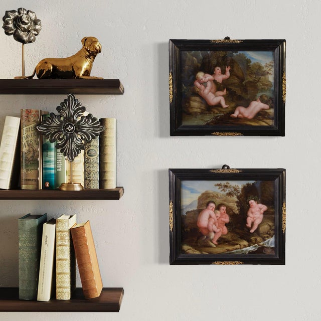 Unknown, Bacchanal of Cherubs and Satyrs, 1680, Oil & Glass, Set of 2 For Sale - Image 14 of 16