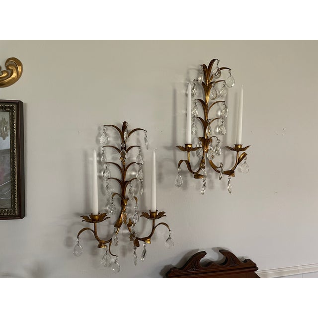 Vintage Mid Century 19" Italian Gilded Tole and Crystals Candle Sconces - A Pair For Sale - Image 13 of 18