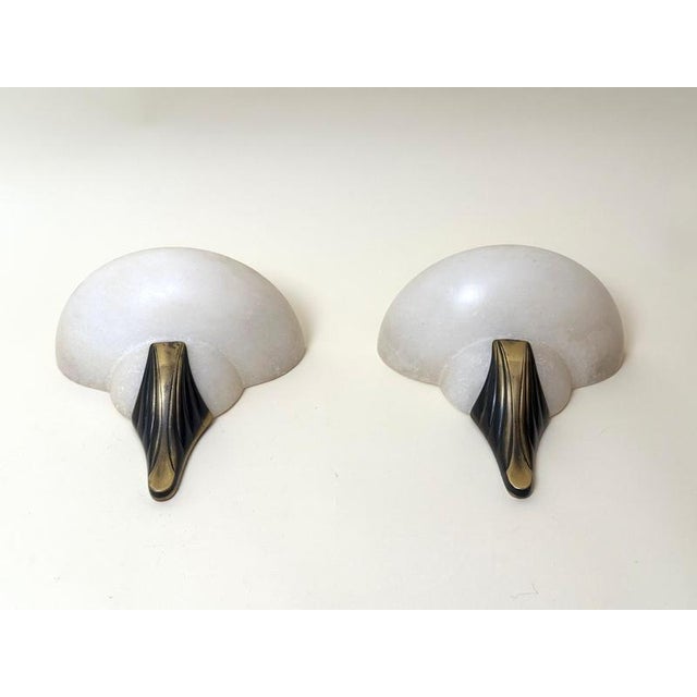 Art Deco Style Hand-Carved Alabaster and Brass Wall Sconces, 1980, Set of 2 For Sale - Image 4 of 15