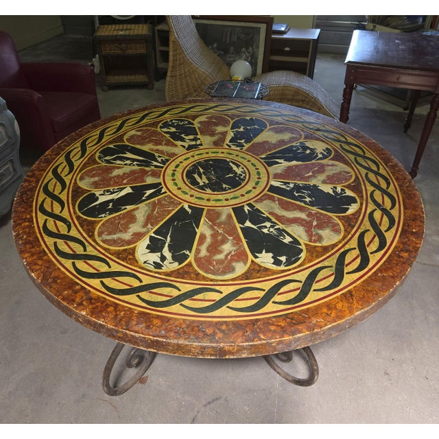 Large Round Wrought Iron Table with Scagliola-Style Painted Wooden Top, 1920s For Sale - Image 6 of 7