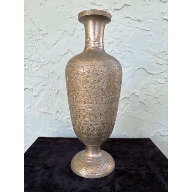 1970s Vintage Hand-Engraved Brass Vase With Floral Motifs, Middle Eastern / Indian Style 11.5” For Sale - Image 5 of 9