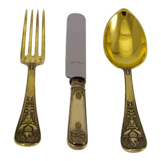 Sterling Silver Gilt 3-Piece Dessert Flatware Set, Late 19th Century Laetitia Pattern by Odiot France Finest For Sale