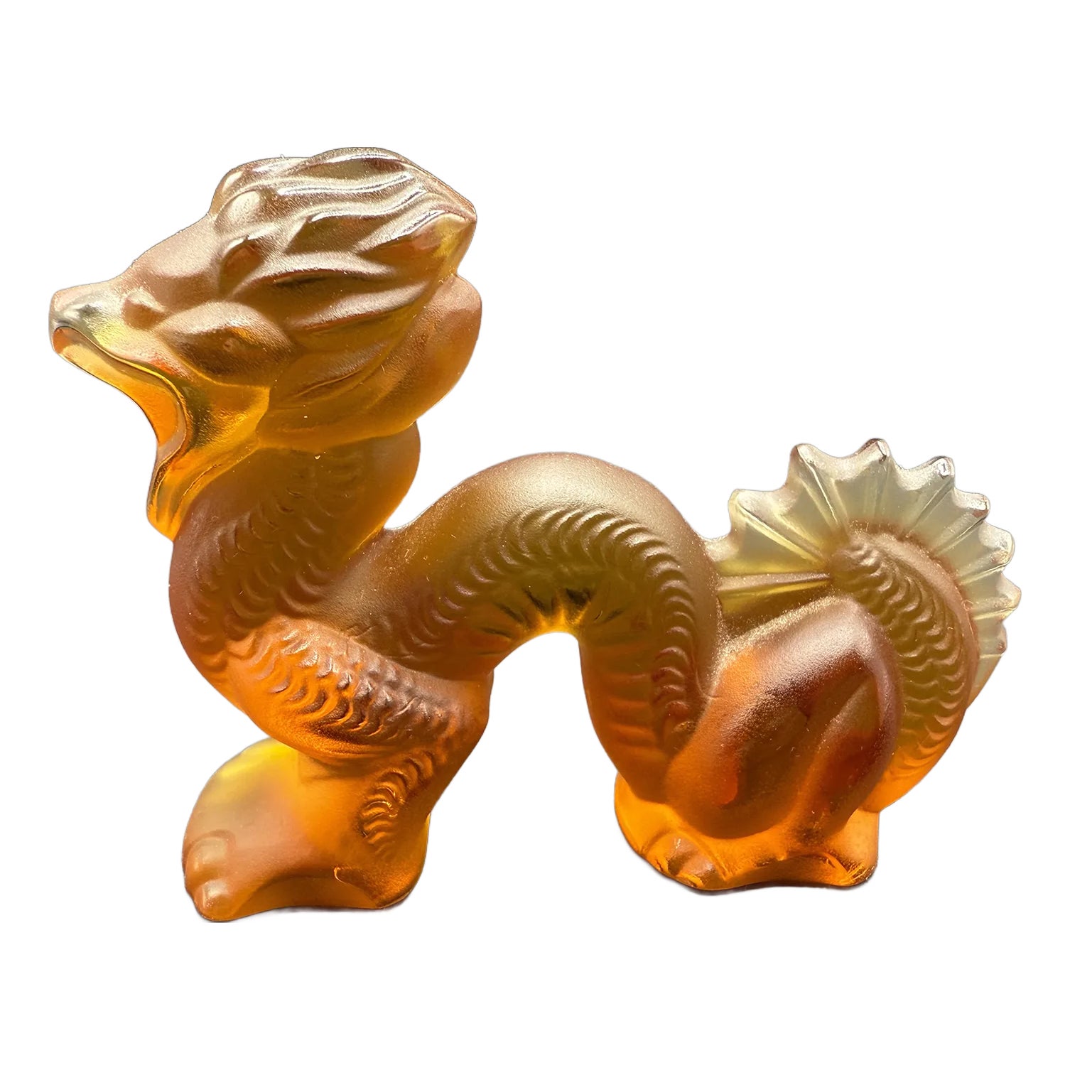 Chinese Dragon Sculpture in Amber and Frosted Glass by René