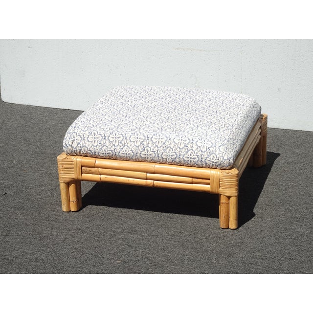 Large Vintage French Country Coastal Bamboo Rattan Ottoman Foot Stool For Sale - Image 4 of 17