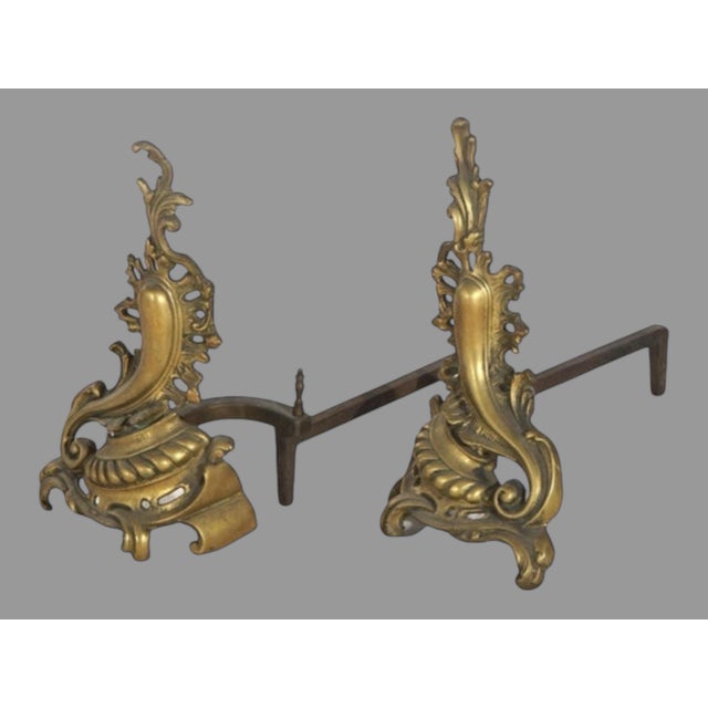 Baroque Pair of Antique French Rococo Baroque Style Gilt Metal Fireplace Andirons Chenets For Sale - Image 3 of 7