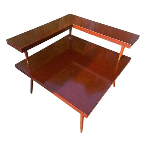 Vintage Mid-Century Modern Architectural Two-Tier Floating Shelf Occasional Table With Walnut Finish & Brass Ferrules For Sale