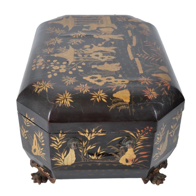 Antique Chinese Export Lacquer Work Sewing Box, Circa 1820. The box having a hinged lid and sumptuously decorated with a...