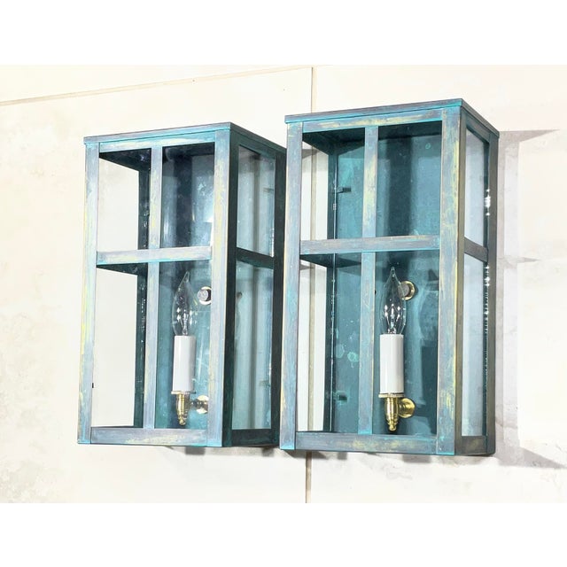 Exquisite Vintage Verdigris Brass Wall Lanterns / Sconces – Pair For Sale - Image 12 of 17