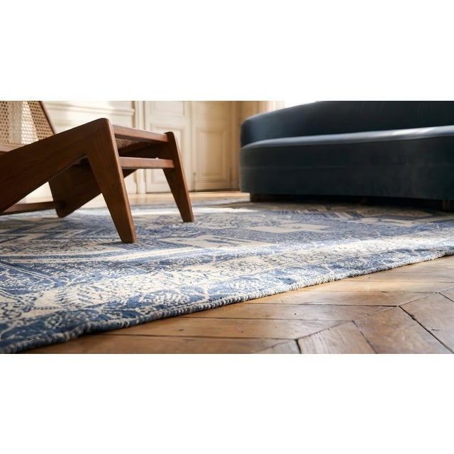 Sky Blue 1930s Blue Abstract Geometric Antique N. Indian Agra Cotton Rug 4' X 6'6" Handknotted Carpet For Sale - Image 8 of 9