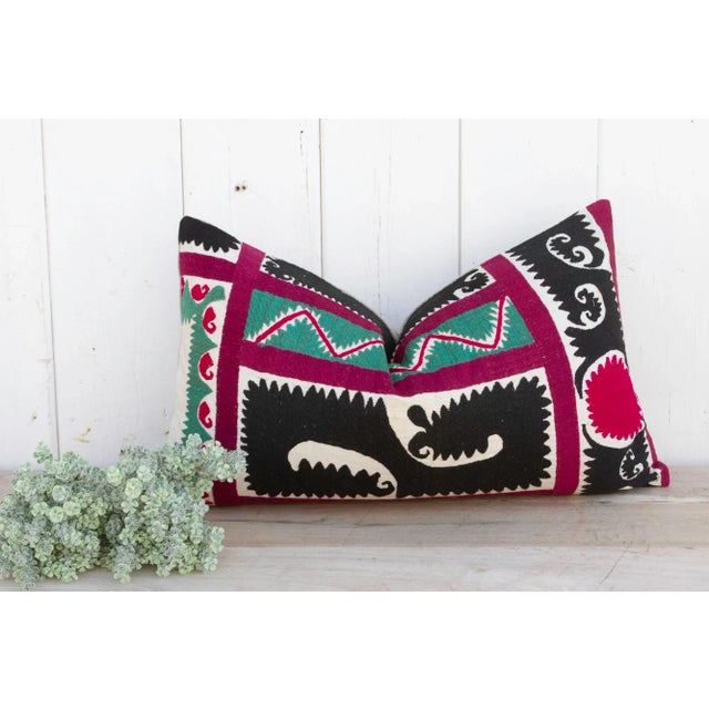 Linen Rose Mint Suzani Lumbar Pillow For Sale - Image 8 of 9
