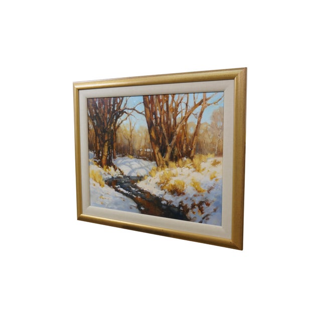 A very large and impressive David Ballew Sunlit Stream in New Mexico Winter landscape oil painting on linen laid to...