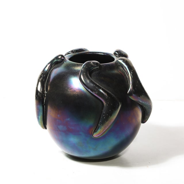 Black Mid-Century Hand-Blown Murano Iridescent & Black Glass Vase W/ Sculptural Detail For Sale - Image 8 of 14