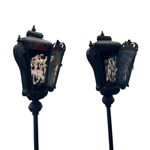 Vintage Black Cast Iron Floor - Standing Street-Style Lanterns - a Pair For Sale In West Palm - Image 6 of 12