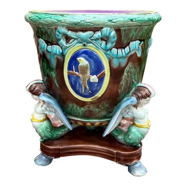 Antique English Majolica Cache Pot Planter Bowl Footed Jardiniere Angels Birds For Sale
