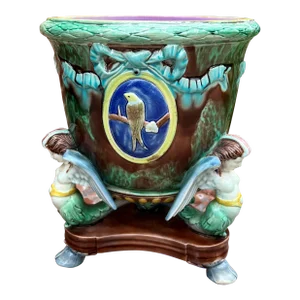 Antique English Majolica Cache Pot Planter Bowl Footed Jardiniere Angels Birds