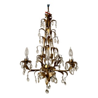 Mid 20th Century Hollywood Regency Gilt Tole Leaf & Crystal 5-Light Chandelier For Sale