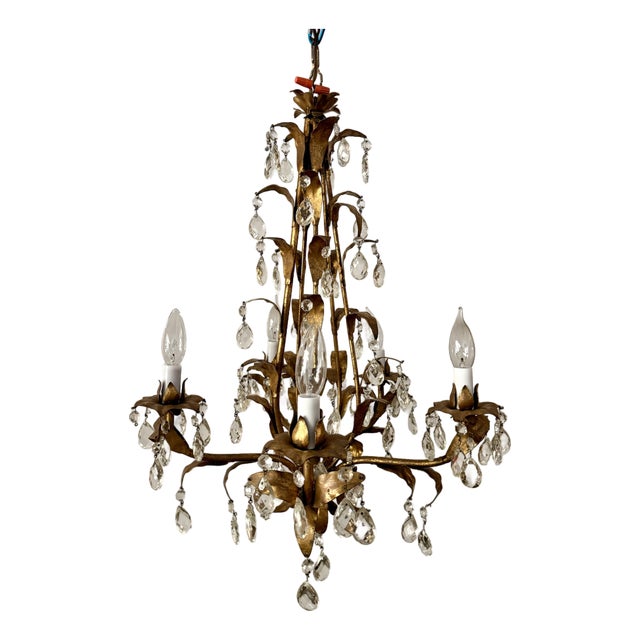 Mid 20th Century Hollywood Regency Gilt Tole Leaf & Crystal 5-Light Chandelier For Sale