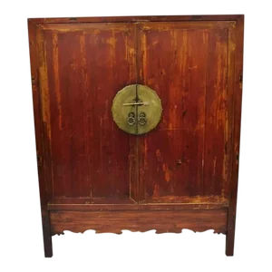Antique Asian Red Lacquer Oriental Chinese Wedding Cabinet 2 Door Cupboard