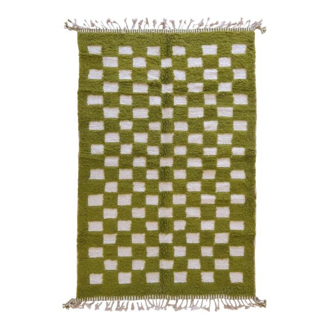 Moroccan Green Checkered Wool Rug - 9.4 X 6 Ft For Sale