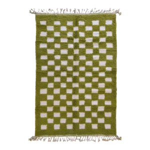 Moroccan Green Checkered Wool Rug - 9.4 X 6 Ft