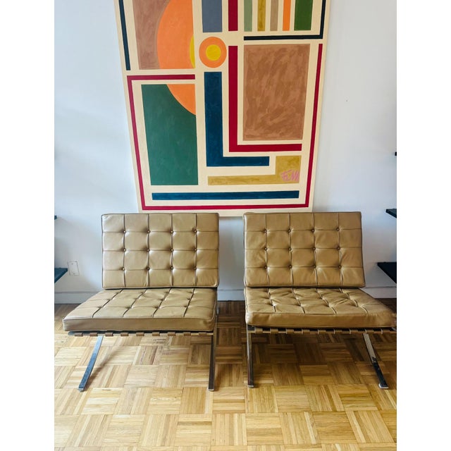 Mid-Century Modern 1960's Barcelona Chairs With Matching Ottomans in Camel Leather Signed and Marked Knoll - 4 Pieces For Sale - Image 3 of 12