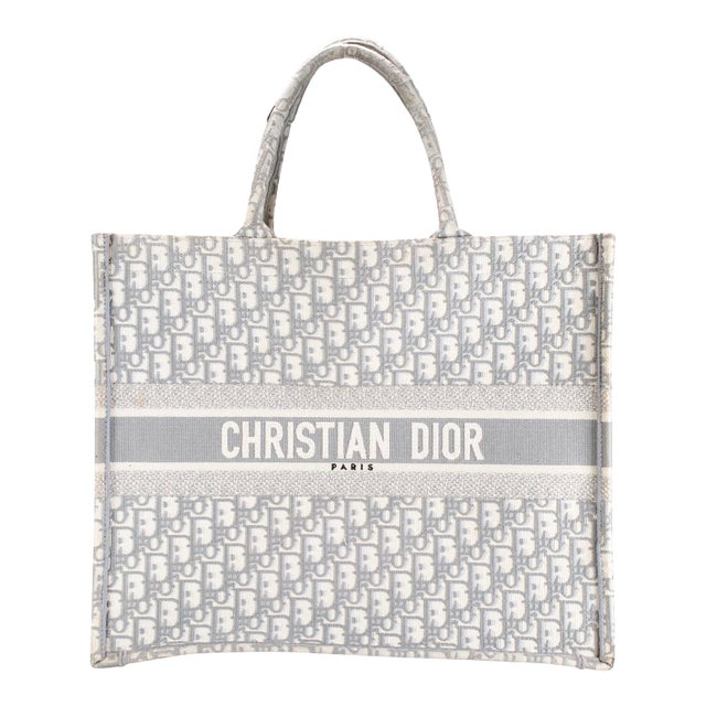 Christian Dior Book Medium Oblique Embroidery Gray Canvas Tote Bag For Sale