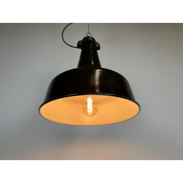 Industrial Black Pendant Factory Lamp with Cast Iron Top, 1970s For Sale - Image 14 of 17