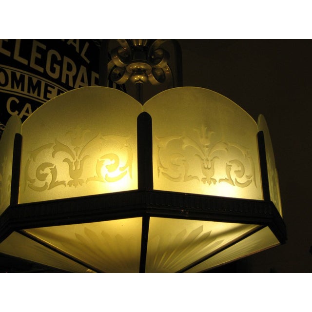 Art Deco Art Deco Nickel-Plated Etched Glass Chandelier For Sale - Image 3 of 6