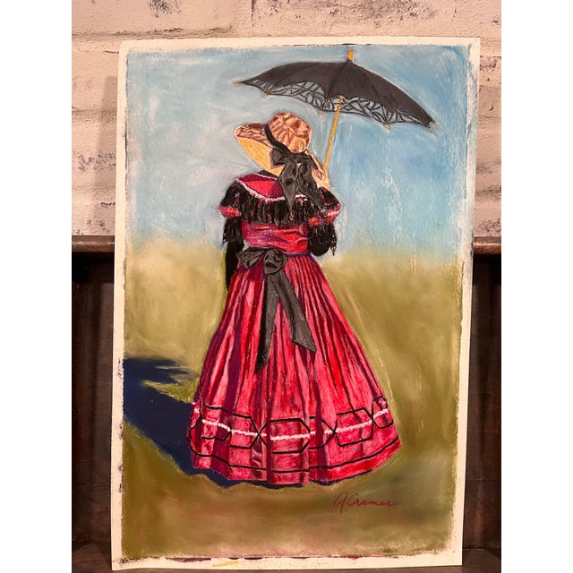 1990s Original Oil Pastel Art Victorian Lady Red Dress Black Parasol Signed Cramer For Sale - Image 4 of 5