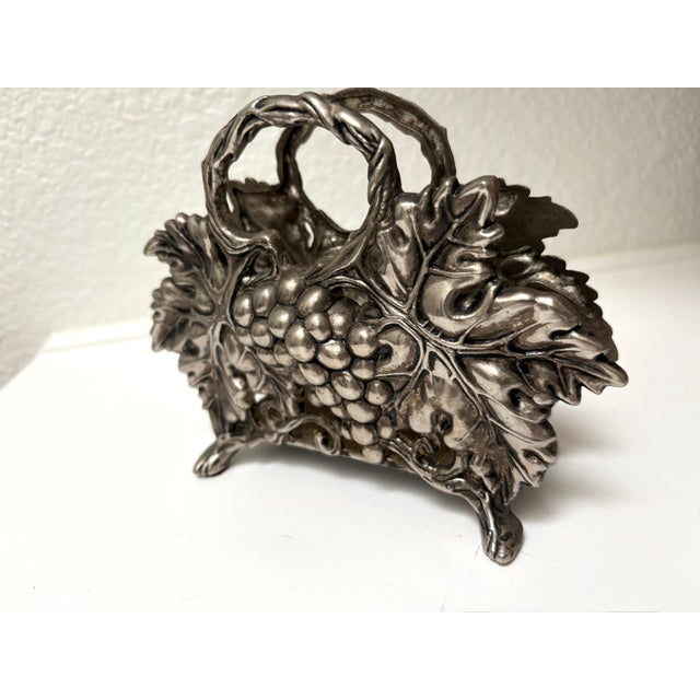 Vintage 1990s silver plated grape leaf design napkin holder or letter holder with bold textural design in a solid pewter...