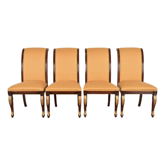 Baker Furniture Style Regency Carved Mahogany and Gold Gilt Dining Chairs, Set of Four For Sale