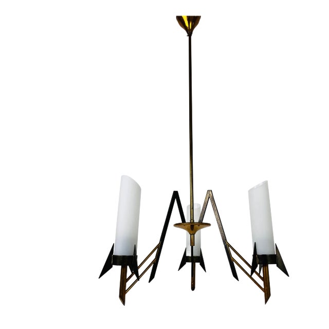 Italian Mid-Century Brass and Opaline Glass 3-Arm Chandelier, 1960s For Sale