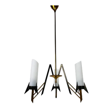 Italian Mid-Century Brass and Opaline Glass 3-Arm Chandelier, 1960s
