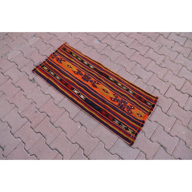 Mid-Century Modern 1970s Turkish Ethnic Design Striped Orange Small Kilim Rug For Sale - Image 3 of 13