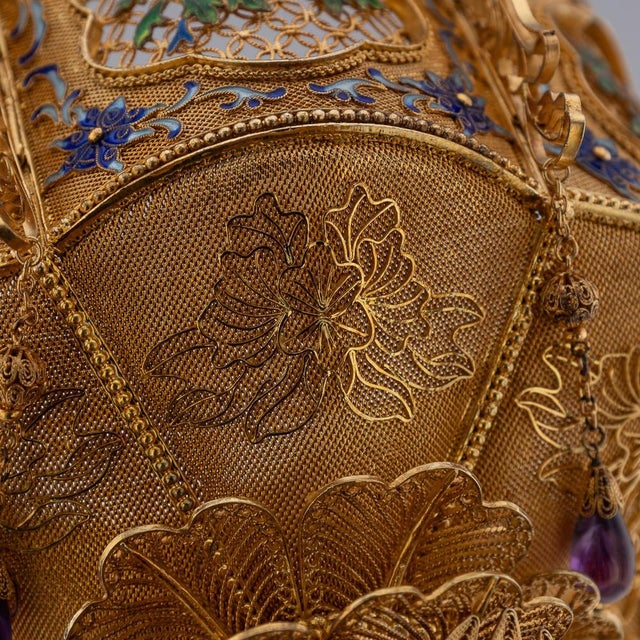 Stunning mid-20th Century rare Chinese solid silver-gilt filigree cup & cover, the cup is richly gilded and applies with...