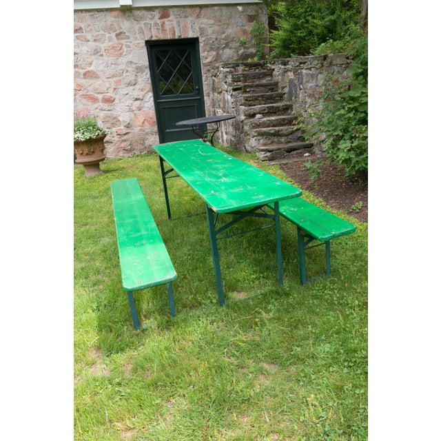 Wood 1970s German Beer Garden Folding Table and Benches, Green Wood For Sale - Image 7 of 13