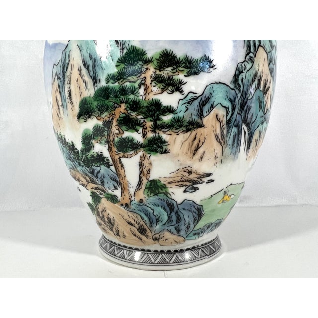 Vintage Chinese White Porcelain Vase With Traditional Hand Painted Mountain & Lake Landscape Scenes For Sale In Tampa - Image 6 of 8