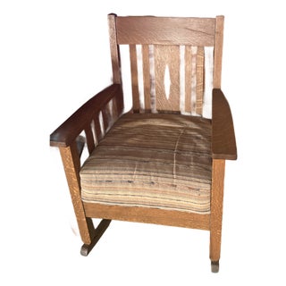 Solid Oak Mission Style Armchair – Antique Wood Rocking Chair For Sale