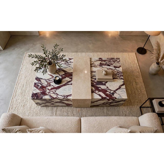 Square Marble Coffee Table in Calacatta Viola and Roman Travertine Marble by Andrea Grasso For Sale - Image 6 of 7